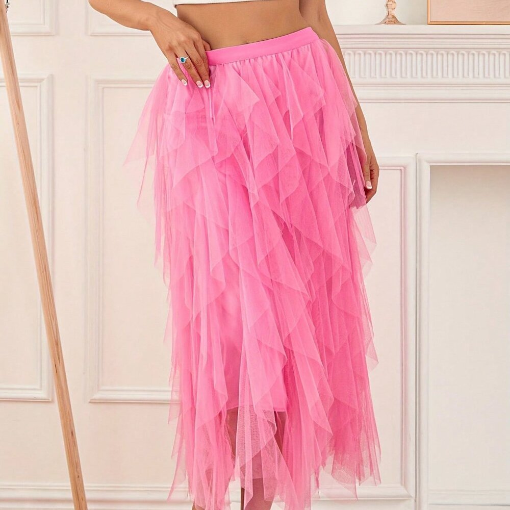 Pink Elegant Women's Sexy Long High Waist Tulle Skirt - Picture 7 of 8